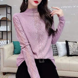 Plant Embroidery Half High Collar Pullovers Fashion Diamonds Spring Autumn New Spliced Women's Clothing All-match T-shirt-Outfit