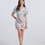 Fongt Dress Women Summer French Retro V-Neck Lantern Sleeve Embroidered Mesh Yarn Waist Bubble Sleeve Dress
