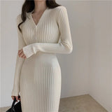 Autumn Mid-Length Skirt Temperament V-Collar Light Ripe Apricot Trim Skirt Knitting Stretch Thin Buttocks Wool Skirt-Outfit