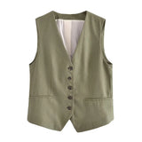Fongt 2023 Summer V-Neck Solid Color Single Breasted Vest High Waist Wide-Leg Pants Shorts Set 9ZS2251-Outfit