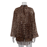 Fongt Wind 2024 Summer New Leopard Print Loose Suit Sexy See-Through Long Sleeve Shirt Shorts Two-Piece Set-Outfit