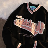 Embroidered Letter V-Neck Sweatshirt Womens Autumn And Winter New Loose Harajuku College Pullover Couple Tops