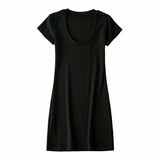 New Large U-Necked Dress Summer Solid Color Leisure Basic Medium-Long Short-Sleeved T-Shirt Skirt-Outfit