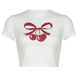 And Lovely Cherry Bow Printed Round Collar Basic T-Shirt Girls Wear A New Style Of Simple Blouse In Summer-Outfit