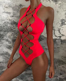 Hollow Out One Piece Swimsuit Women High Neck Solid Black High Cut Backless Swimwear Monokini Bandage Holiday Bathing