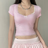 Girl Fresh And Pure Color T-Shirt Ins Trend Lace Lace Stitching Square Collar Summer Blouse-Outfit