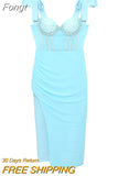 Women's 2023 Sky Blue Skinny Mini Dress Mesh Bow Ladies High Split Drape Sexy Sleeveless Party Dress Evening