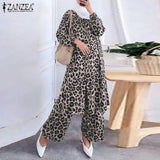 Leopard Printed Casual Loose Muslim Sets ZANZEA Women Full Sleeve Blouse Long Pants 2022 Party Suits Islamic
