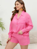 Size Women's Wear Holiday Solid Color Shirt Two-Piece Casual Baggy Shorts Fat Mm Online Celebrity Suit-Outfit