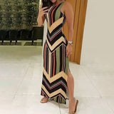 New Wish Striped Print Slim Sexy Forked Dress Sleeveless Dress Woman-Outfit