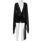 Black Mesh Low Cut Long Sleeve Mini Dress Beach Cover-Outfit
