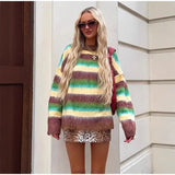 Fongt 2025 Women's Comfortable Casual Colored Round-Neck Striped Sweater Knit