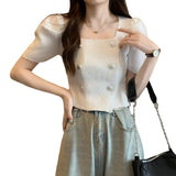 Temperament Button T-Shirt Girl Summer New Korean Hoodie Thin Square Collar Fashion Wear Short-Sleeved