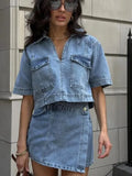 Hot Style Double Front V Collar Head Short Denim Shirt High-Waisted Denim Skirt Suit-Outfit