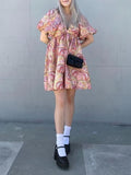 Fongt Spring Fashion New Elegant V-Neck High-Waist Print Bubble Sleeve Short Princess Dress
