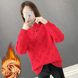 Thicken Plus Velvet Sweaters For Women Casual Warm Knit Pullovers Korean Fleece Lined Knitwear Ribbed Bottomed Tops