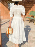 Fongt New White Dress Women's Bubble Sleeve French Embroidery Design Sense Windy Resort Women's