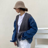 Autumn 2022 Loose Sweater Stitching Denim Coat Women's Long Sleeve Knitted Cardigan Korea Jacket Women Large Size