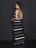 Fongt Suit Striped Knitted Vest Blouse High Waist-Colly Half-Dress Two-Piece Woman