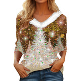 Fongt Wear 2024 New Christmas Elements Print Long Sleeve V Collar Women's T-Shirt-Outfit