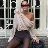 Floral Applique Mesh One Shoulder Long Sleeve Top-Outfit