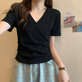 Fongt V-Neck Short-Sleeved T-Shirt Women 2024 Summer New Design Sense Slim Slim Short Students Slim Jacket
