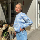 2021 Autumn Winter Blue Casual Sweater Top O Neck Long Sleeve Oversized Knitted Pullover Loose Fashion