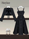 Women Spring Dresses Sets French Vintage Long Sleeve Bow Bandage Short Coat And Straps Vest Dress Two Pieces