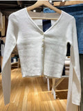 Women Blue Wave Edge Single-breasted Cardigans 2023 Spring Fashion Ladies V Neck Long Sleeves Female Slim Tops-Outfit
