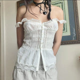 Fongt Sweet Girl Wind Flounce Splicing Vest New V Collar White Slim Single Breasted Top-Outfit