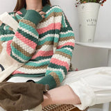 New 2022 Knitted Striped Warm Fashionable Oversized Wild Vintage Women Autumn Winter Sweaters Pullovers Tops