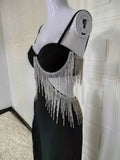 Black Cupped Cut-Out Rhinestone Tassel Maxi Dress-Outfit