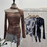 Long-Sleeved Irregular Design Small T-Shirt Women's Autumn Dress Print Hollow Tight Hottie Top