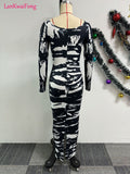 Spring Sexy Women's Dress Commuting Elegant Elastic Pit Stripe Wrapped Hip Back Split Printed Tight Dress-Outfit