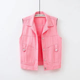 Black Red Pink White Denim Vest Tops Women Spring Summer Washed Ripped Beaded Sleeveless Jacket Lady Jeans Waistcoat