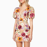 Fongt New V-Neck Three-Dimensional Flower Bag Lantern Sleeve Dress Sexy Embroidery