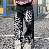 graffiti skull personalized print men jeans ins trend street couple streetwear Hip-hop straight leg loose jeans-Outfit