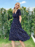 V-neck Short Sleeve A-line Chiffon Midi