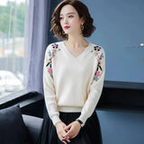 V-Neck Flower Embroidery knitted Pullovers For Women Fashion spring Elastic Sweaters Large Size Casual Knitwear Tops