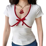 Fongt French Bow Patchwork Color Top Female Girl Slim Short V-Neck Short-Sleeved
