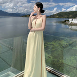 Fongt Seaside Resort Beach Dress 2024 New Temperament Show Thin Satin Senior Sexy Sling Open Back Dress-Outfit