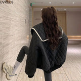 Sweet Warm Cotton Coats Women Cute Turndown Collar Loose Casual Padded Jacket Solid Color Single Breasted Office Clothes-Outfit
