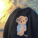 Hop Lamb Fleece Bear Cute Embroidery Oversized Sweater Men Couples O-neck Soft Winter Knitted Pullover Winter Kawaii