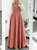 Women Muslim Abaya Maxi Dress Casual Solid Patchwork Long Sleeve Belted Vestidos Kaftan Clothing Vintage Sundress