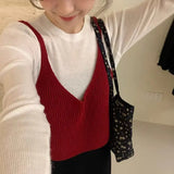 Fongt New Style Fold Wear Show Thin Small Versatile Sweater Vest Korean Hollow Out Solid Color Condole Belt Knit Vest Female-Outfit