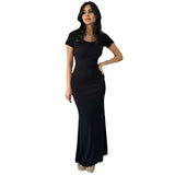 Fongt Summer New Women's Solid Color Temperament U Collar Short Sleeve Slim Long Dress