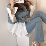 Denim Jackets 2023 Korean Stitching Fake Two Piece Lapel Long Sleeve Single Breasted Lace Up Vintage Coat Women