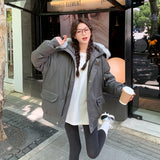 Retro Navy Blue Wool Collar Parker Cotton Suit Women's Winter New Thickened Warm Oversize Padded Coat-Outfit