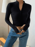 Quarter Zip Crop Rib Knit Sweater-Outfit