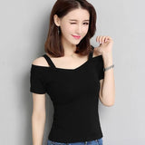 Fongt Summer Korean Version Of Off-Shoulder Short-Sleeve T-Shirt Women's Off-Shoulder Sexy Slim Student